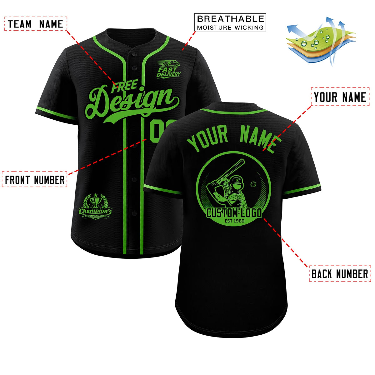 Custom Black Light Green Classic Style Stitched Sports Uniform Personalized For Teams Baseball Jersey| KXKSHOP