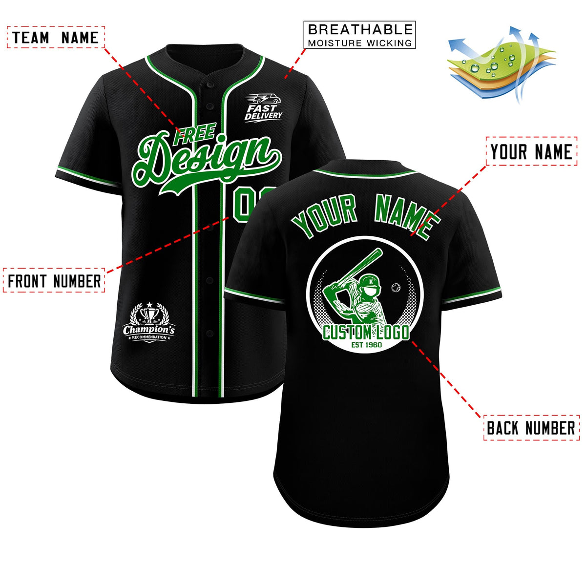 Custom Black Kelly Green Classic Style Stitched Sports Uniform Personalized For Teams Baseball Jersey| KXKSHOP