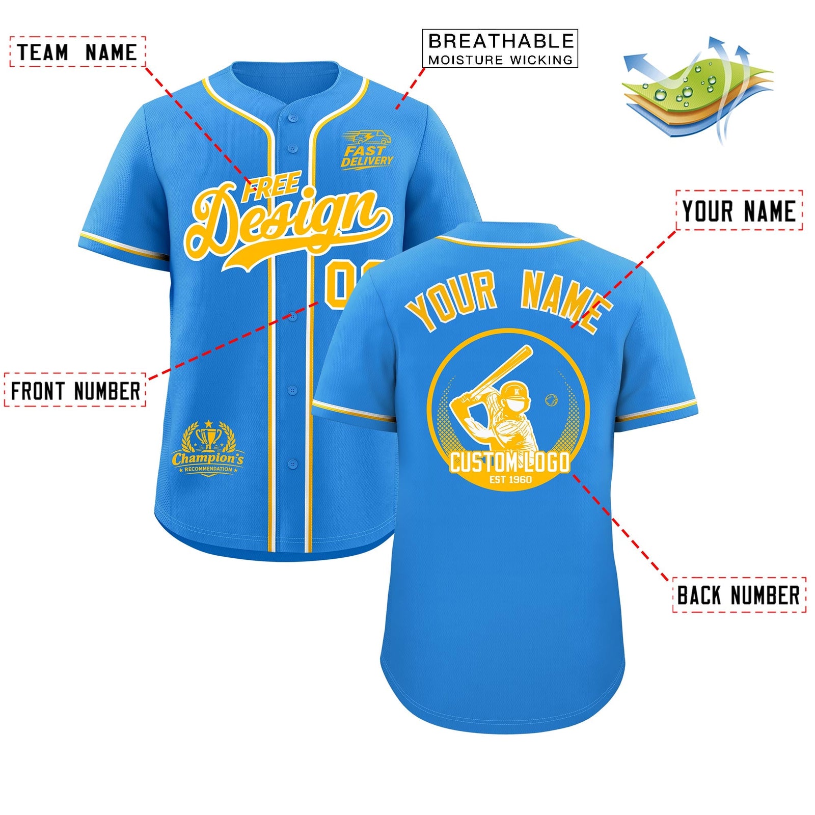 Custom Light Blue Yellow White Classic Style Stitched Sports Uniform Personalized For Teams Baseball Jersey| KXKSHOP