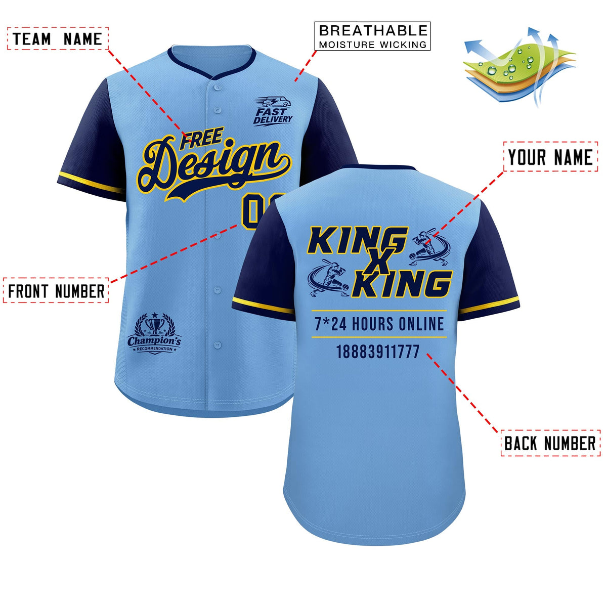 Custom Powder Blue Yellow Classic Style Stitched Sports Uniform Personalized For Teams Baseball Jersey| KXKSHOP