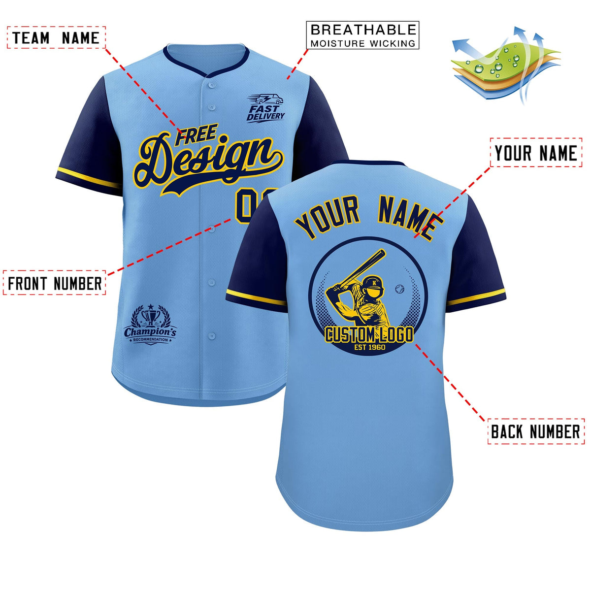 Custom Powder Blue Yellow Classic Style Stitched Sports Uniform Personalized For Teams Baseball Jersey| KXKSHOP