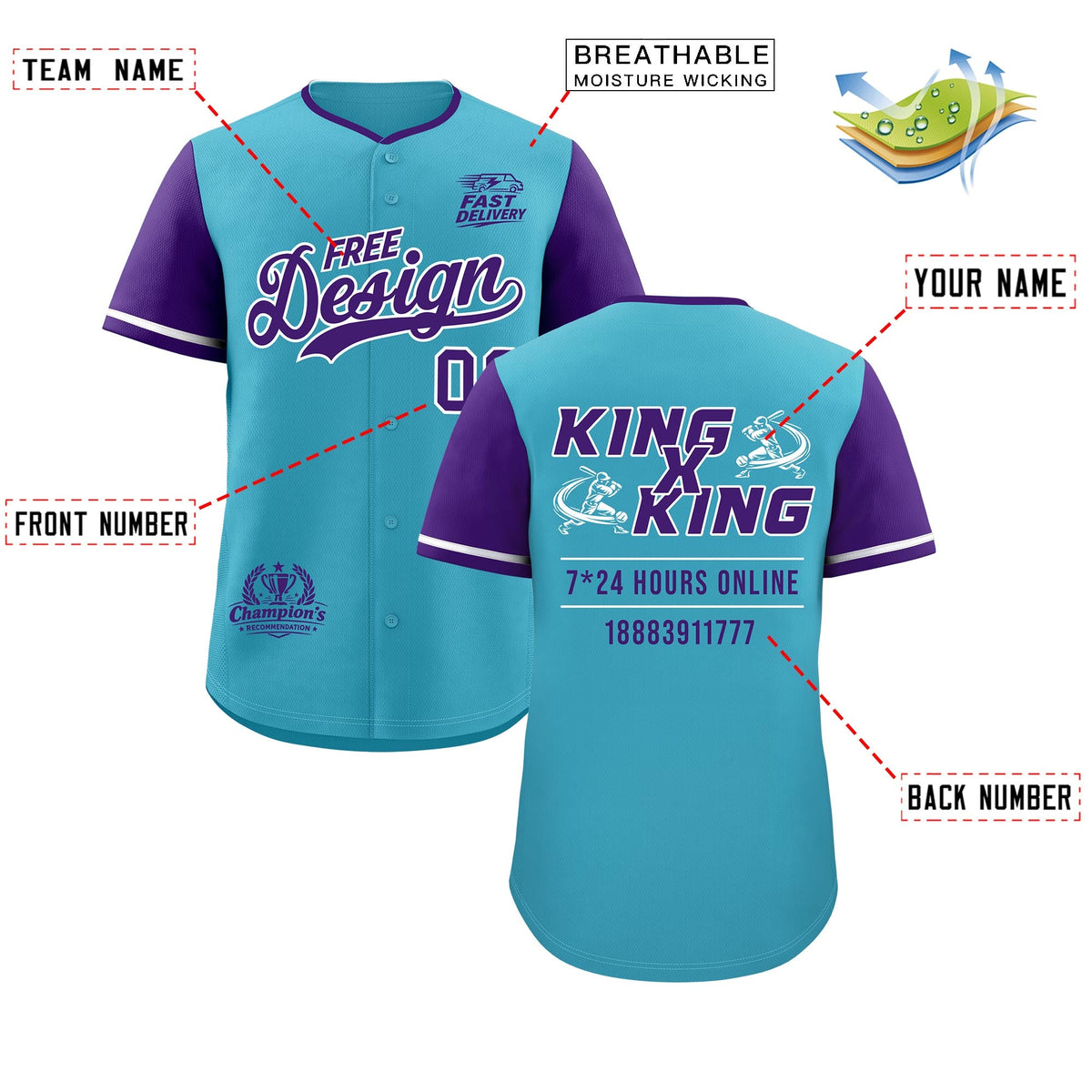 Custom Sky Blue White Purple Classic Style Stitched Sports Uniform Personalized For Teams Baseball Jersey| KXKSHOP