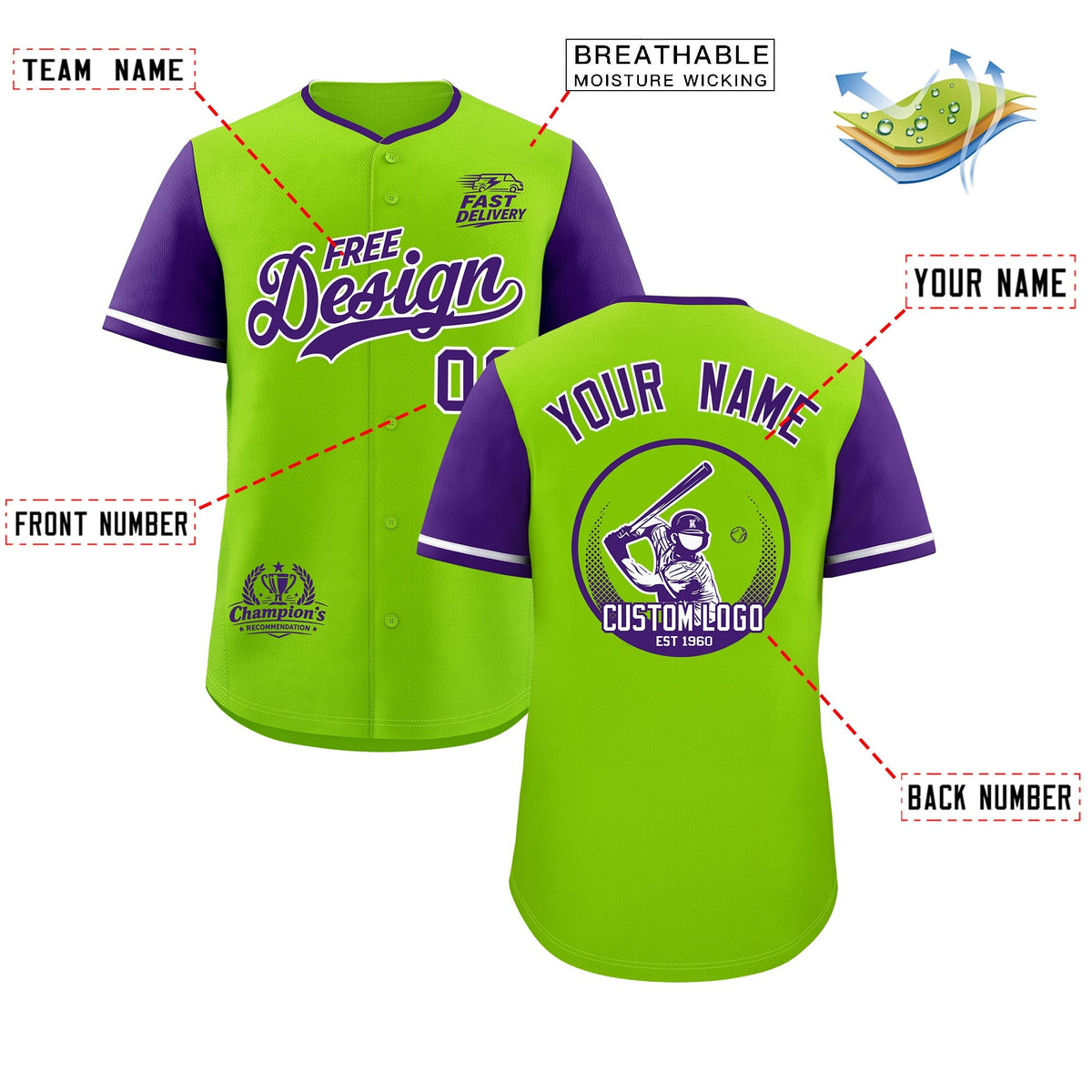 Custom Neon Green Purple Classic Style Stitched Sports Uniform Personalized For Teams Baseball Jersey| KXKSHOP