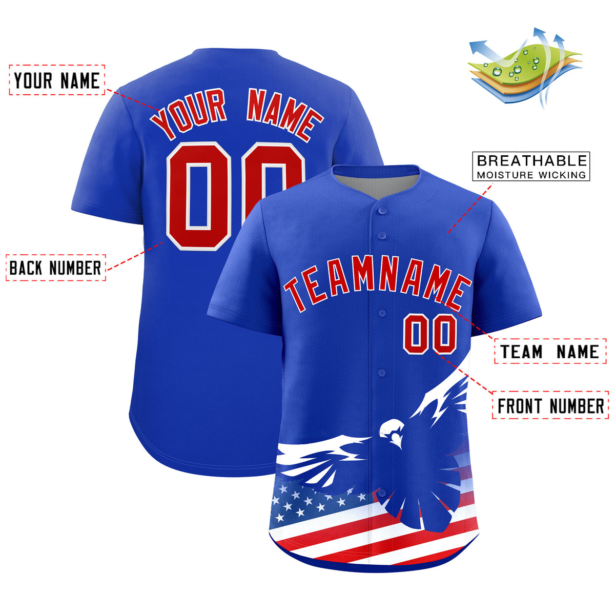 Custom Royal American Flag Eagle Personalized Baseball Jersey