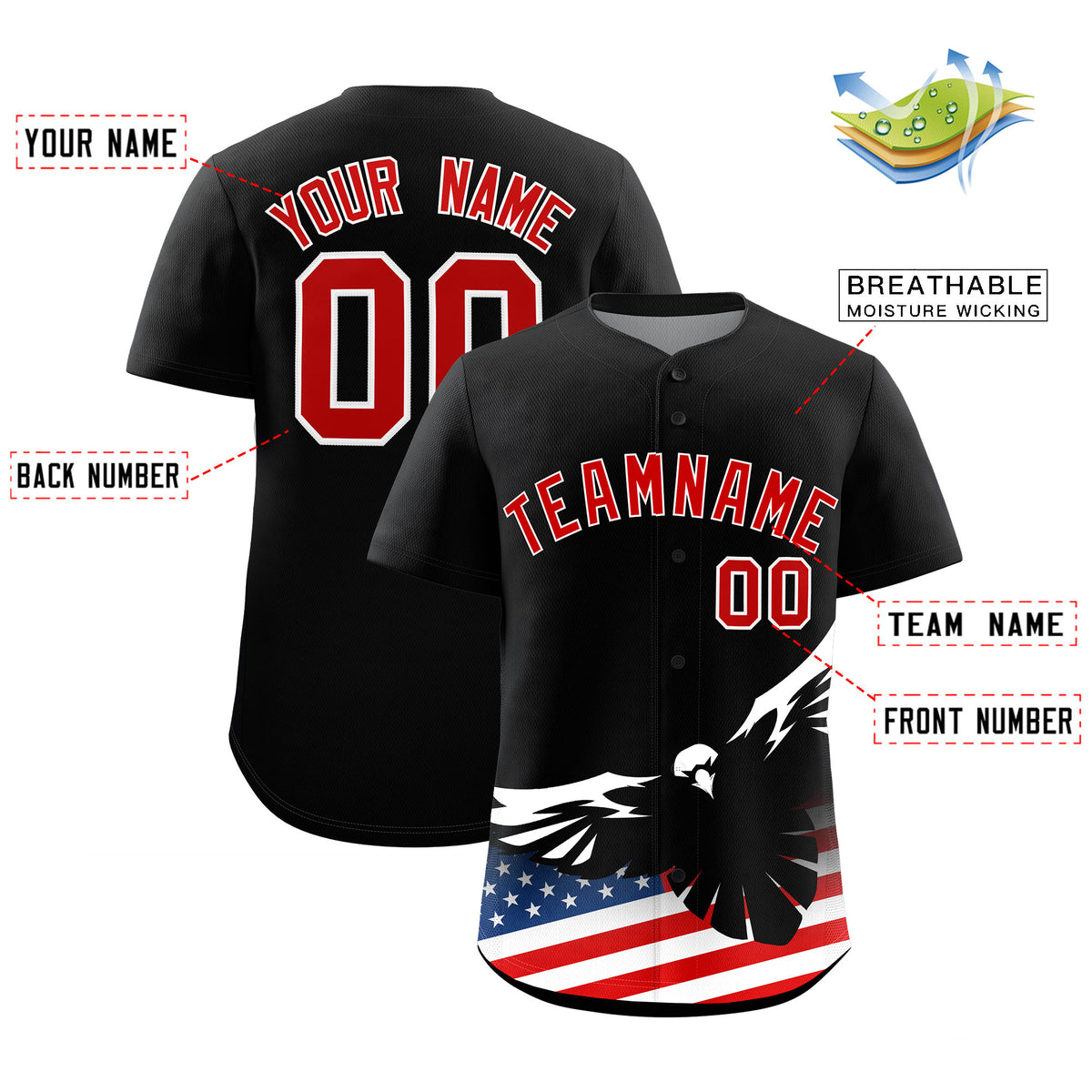 Custom Black American Flag Eagle Personalized Baseball Jersey
