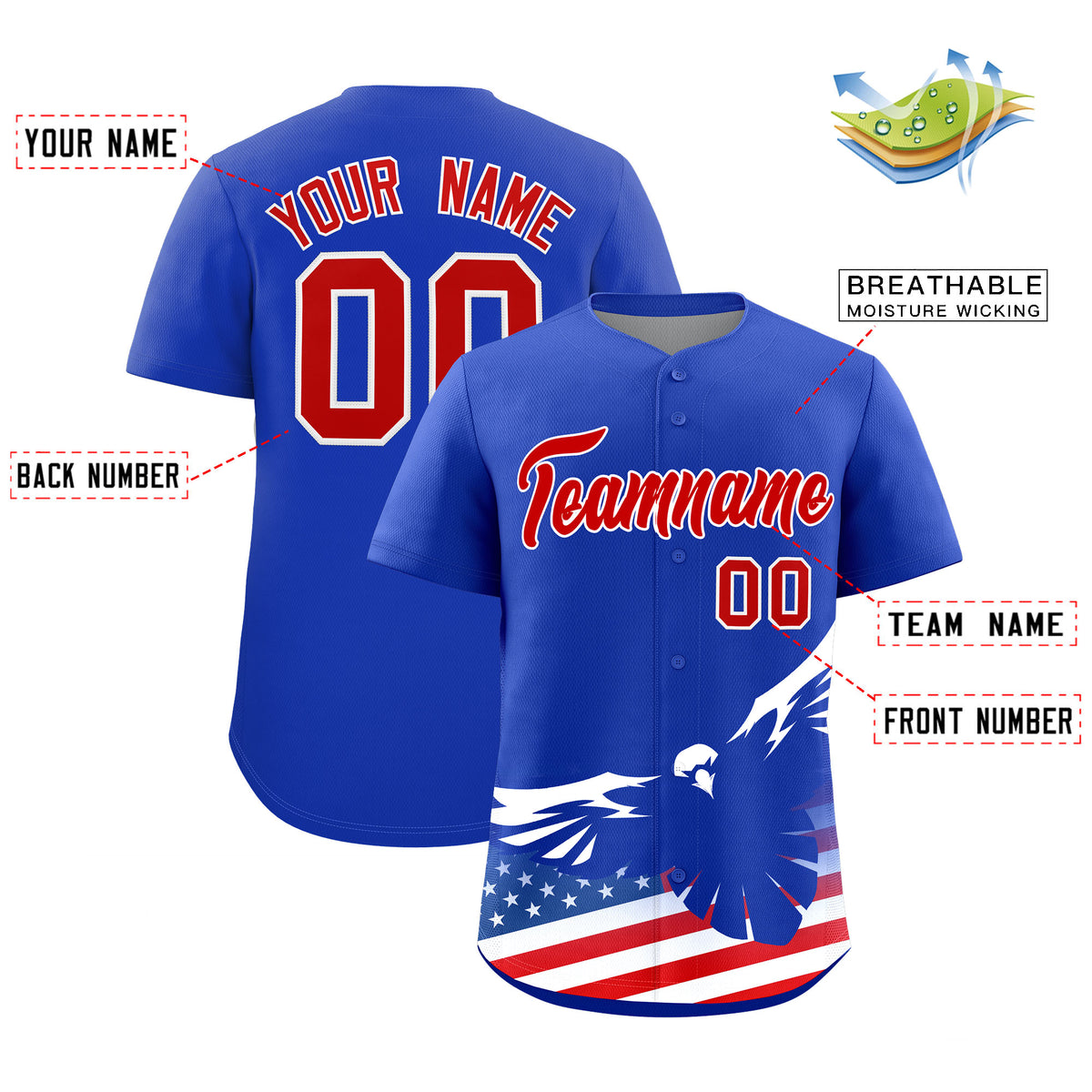 Custom Royal American Flag Eagle Personalized Baseball Jersey