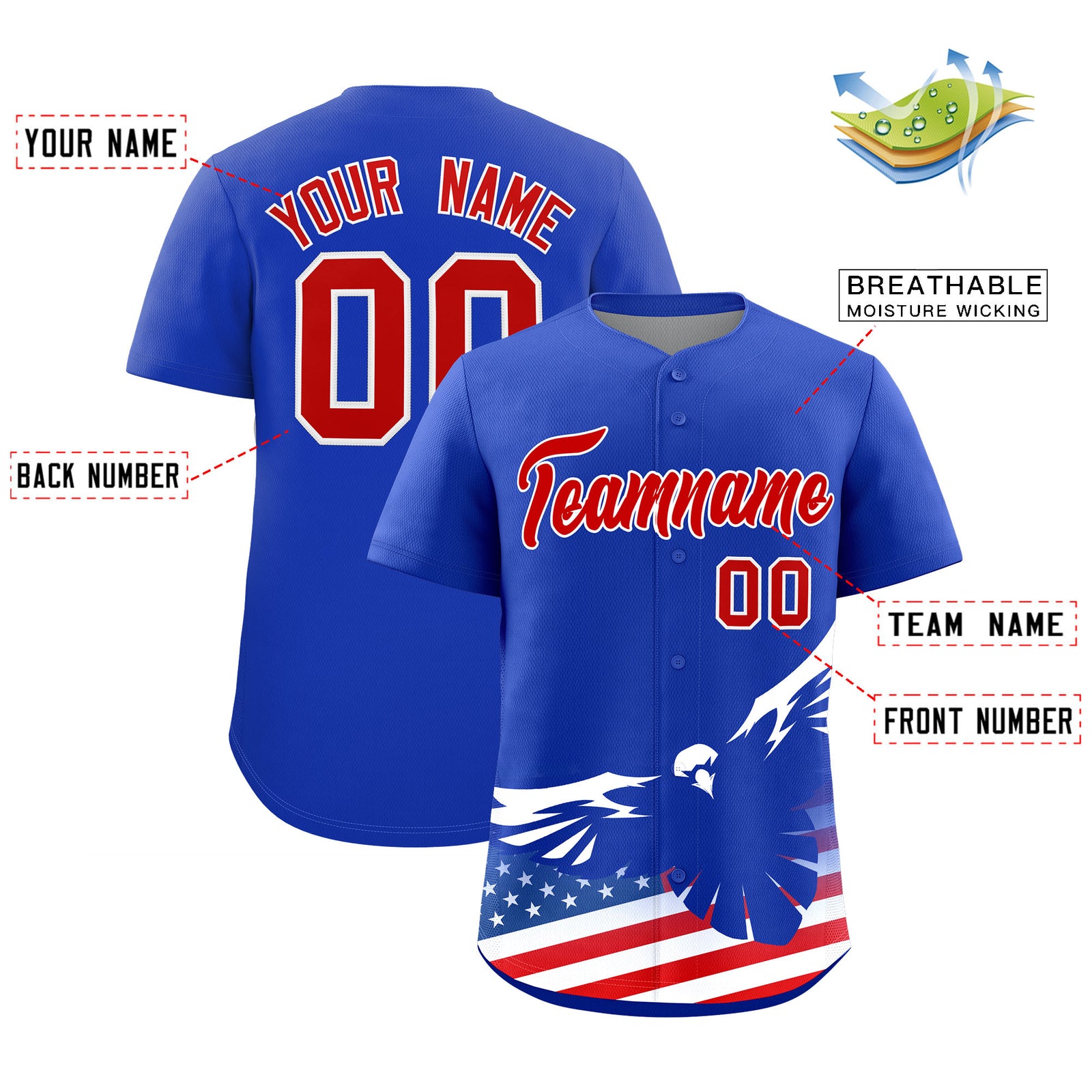 Custom Royal American Flag Eagle Personalized Baseball Jersey