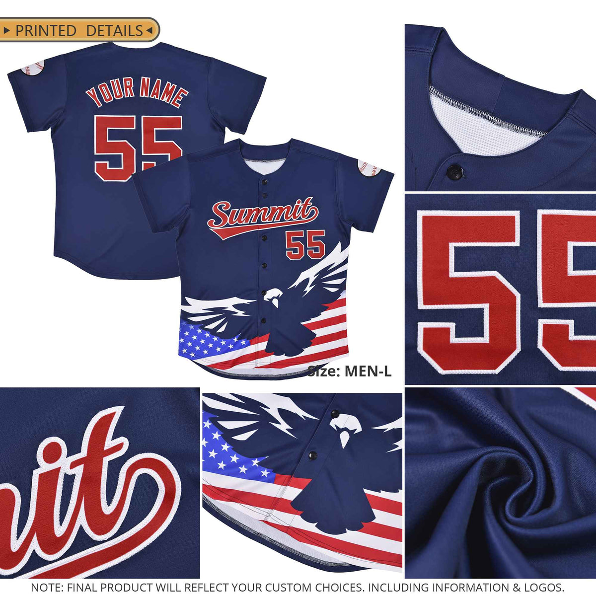 Custom Navy American Flag Eagle Personalized Baseball Jersey