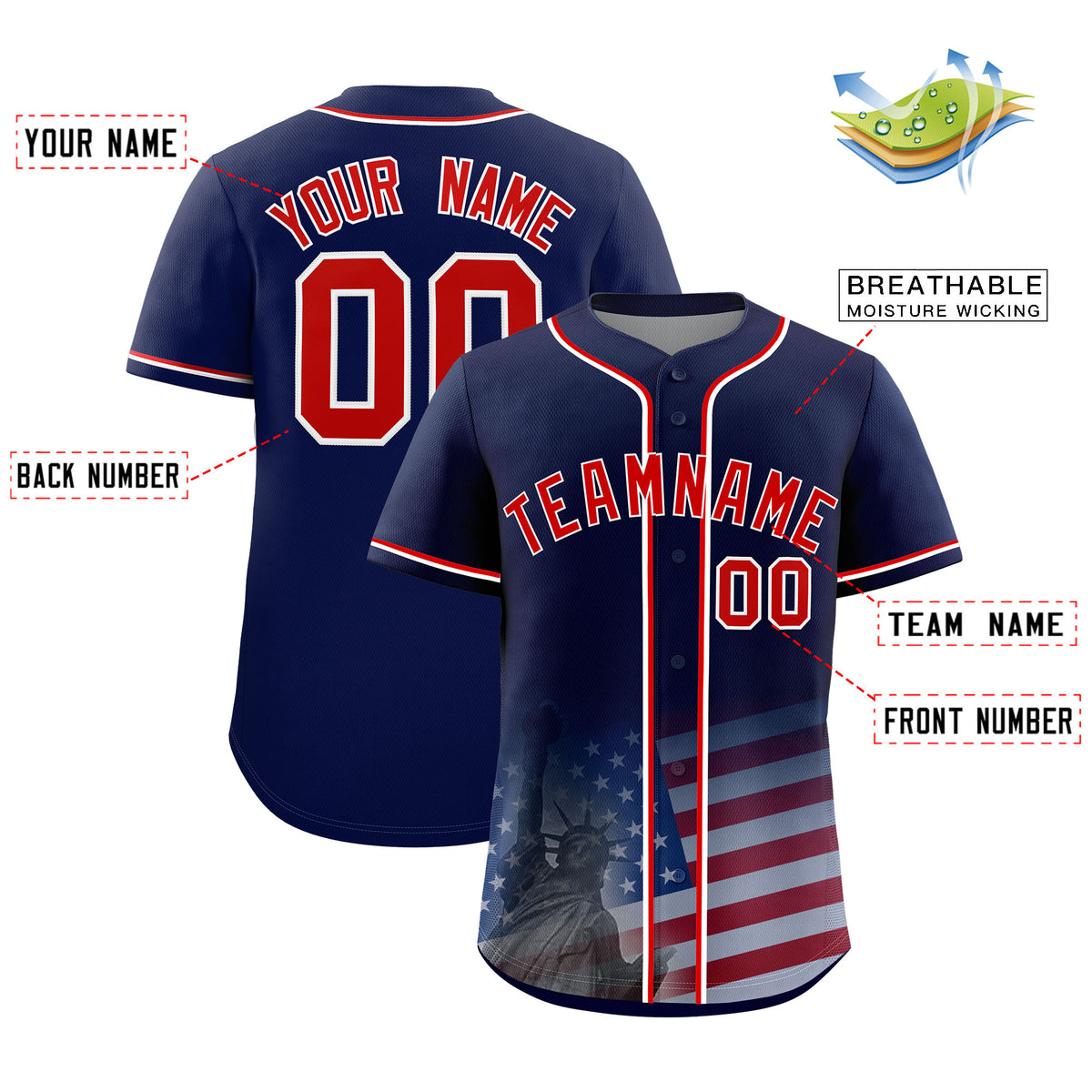 Custom Navy American Flag Patriotic Personalized Baseball Jersey