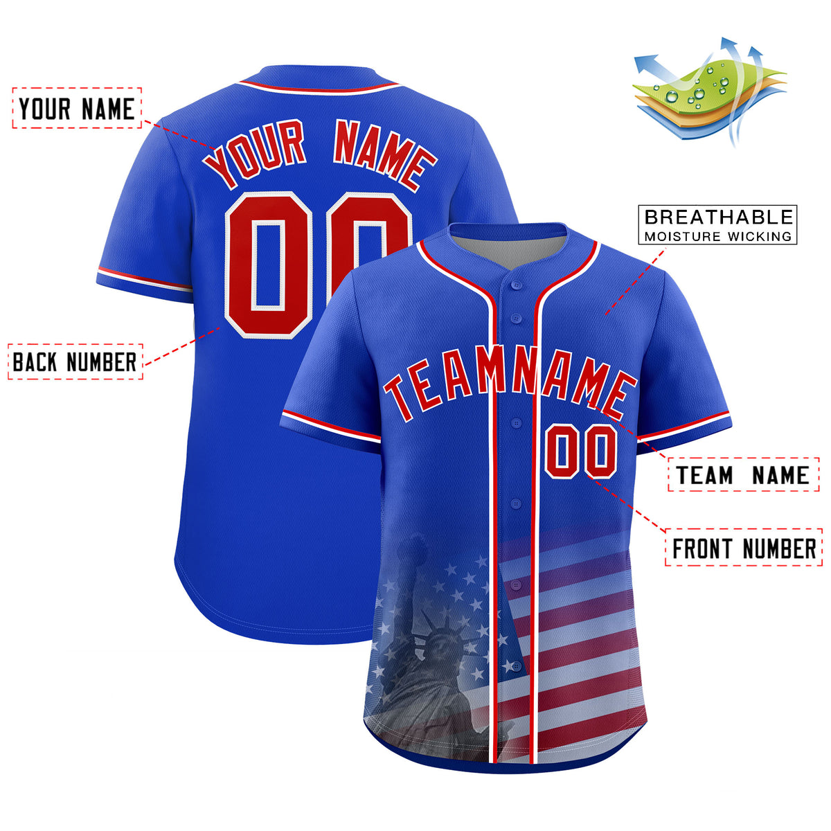 Custom Royal American Flag Patriotic Personalized Baseball Jersey