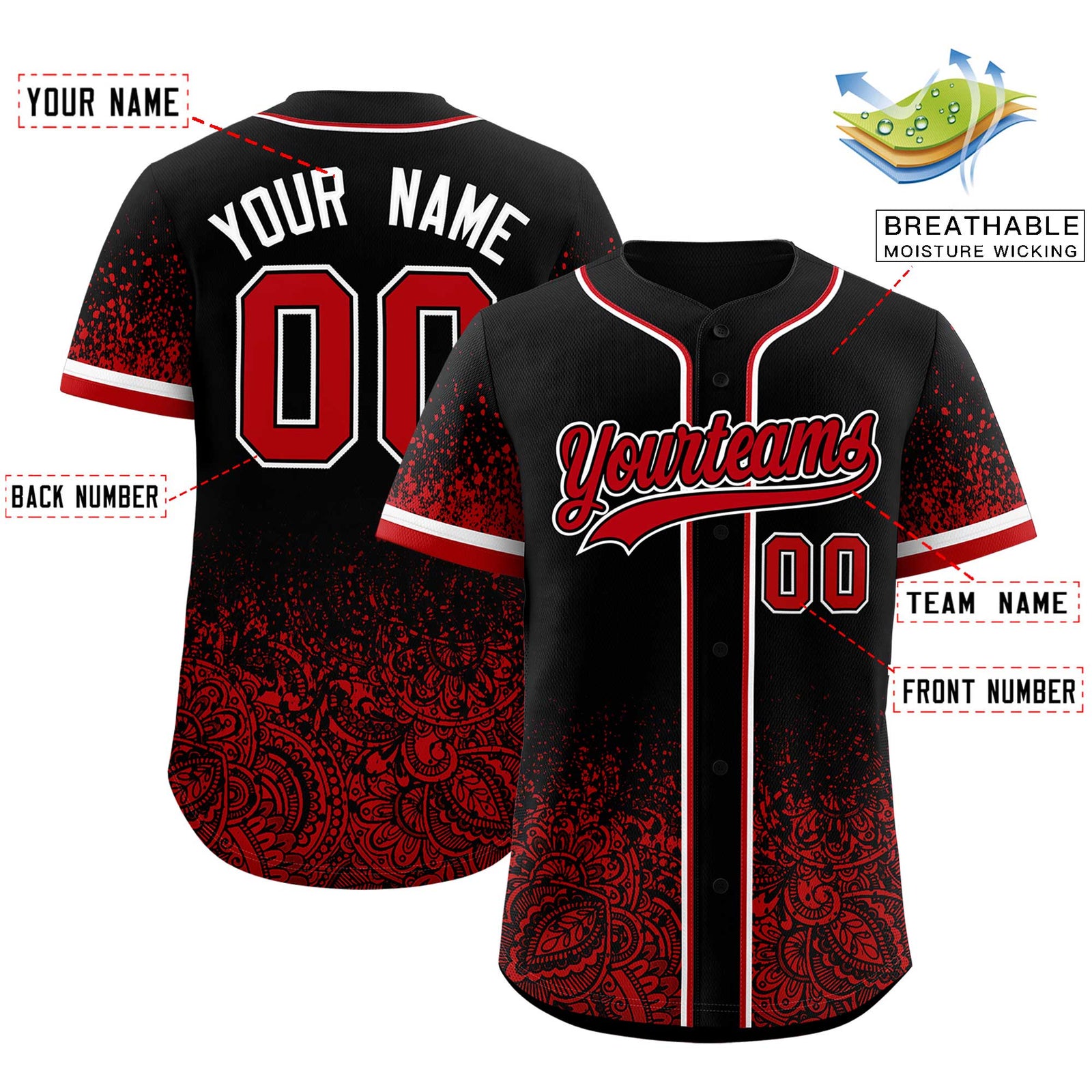 Custom Black Red Floral Print Pattern Full Button Gradient Fashion Baseball Jersey