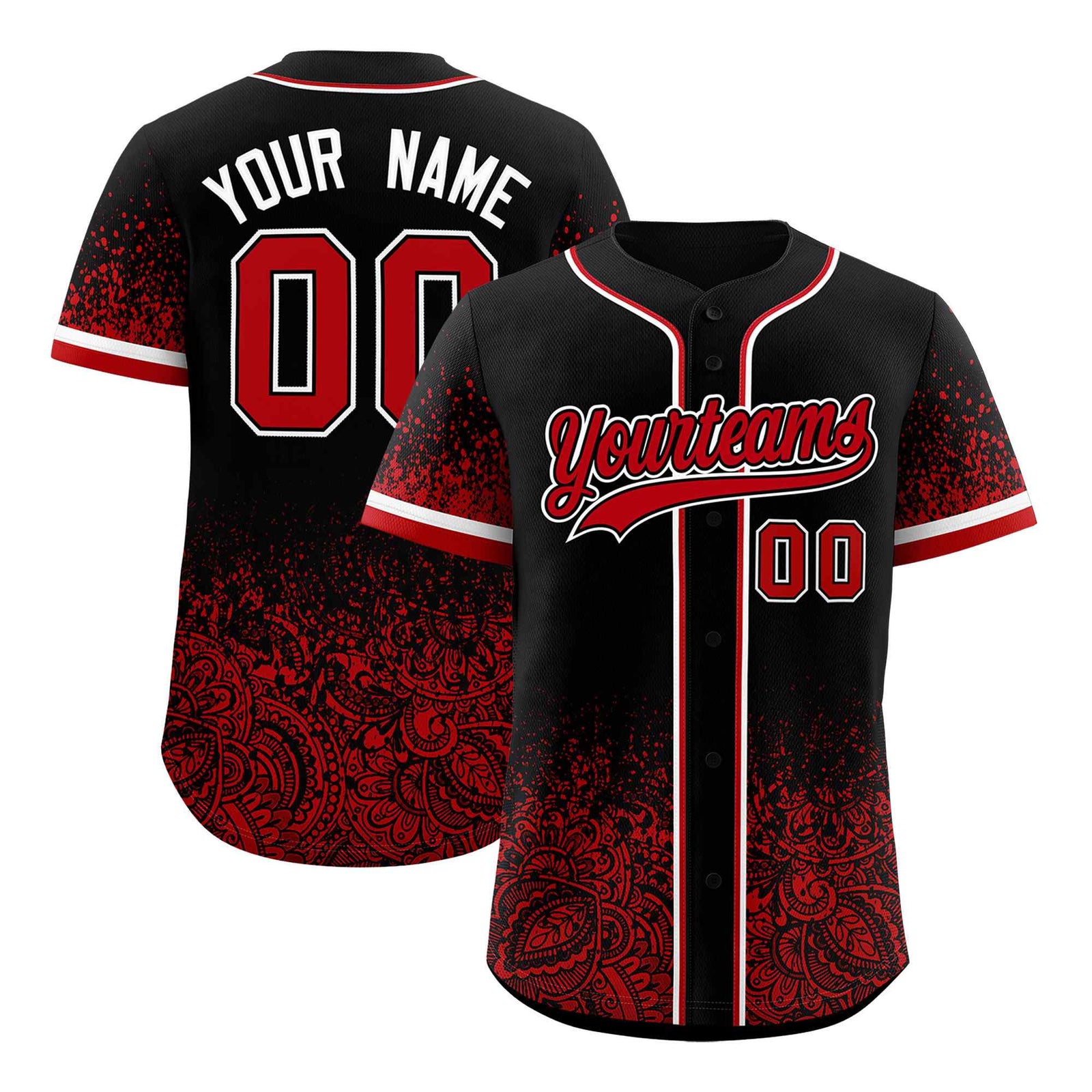 Custom Black Red Floral Print Pattern Full Button Gradient Fashion Baseball Jersey