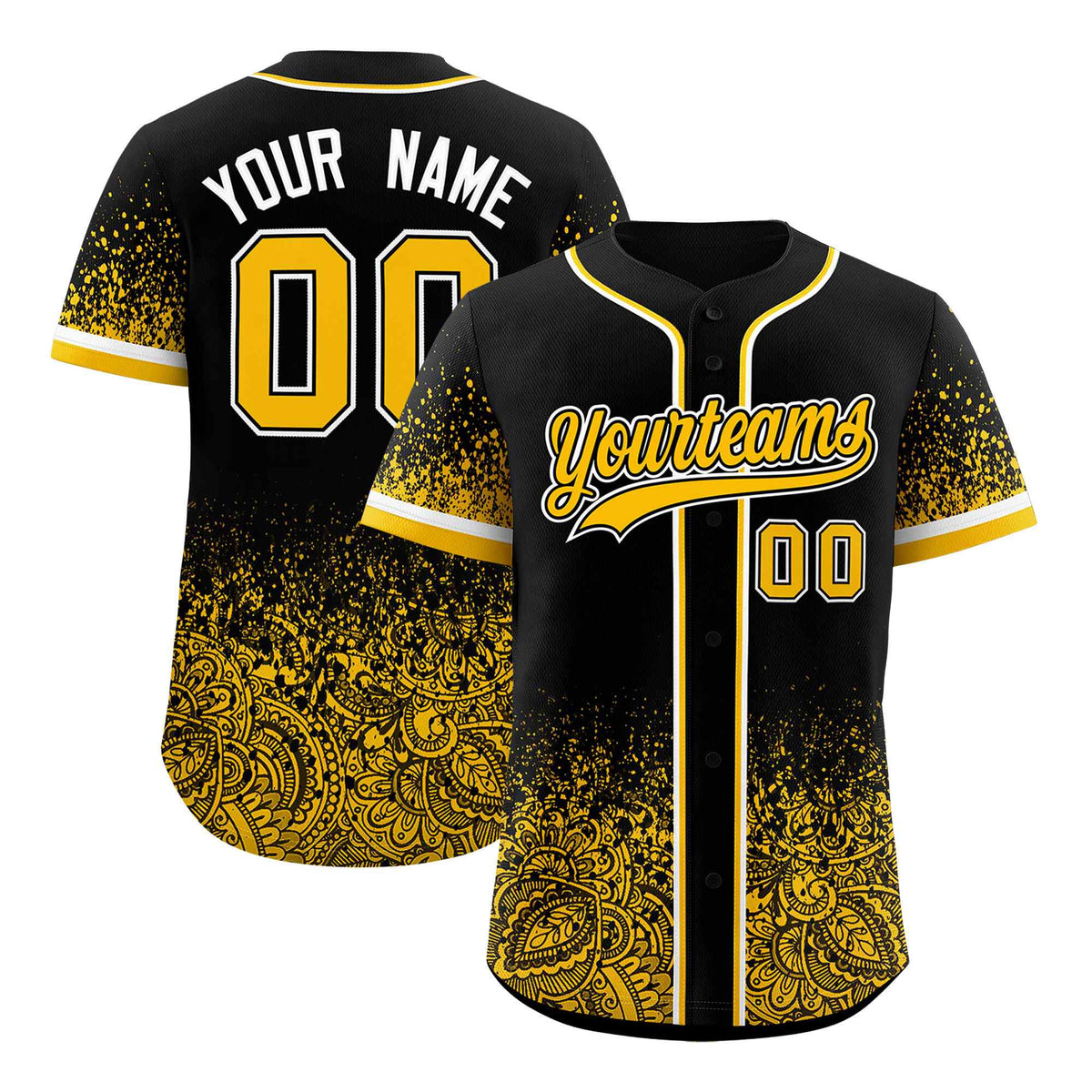 Custom Black Yellow Floral Print Pattern Full Button Gradient Fashion Baseball Jersey