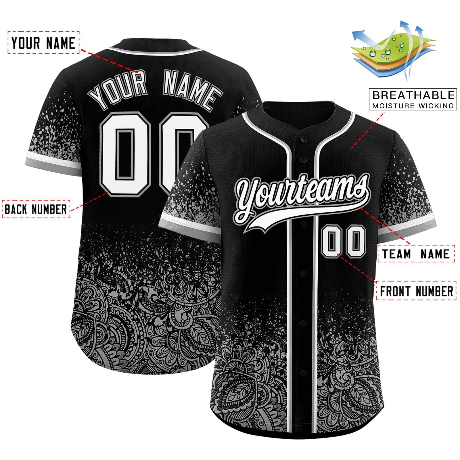 Custom Black Gray Floral Print Pattern Full Button Gradient Fashion Baseball Jersey