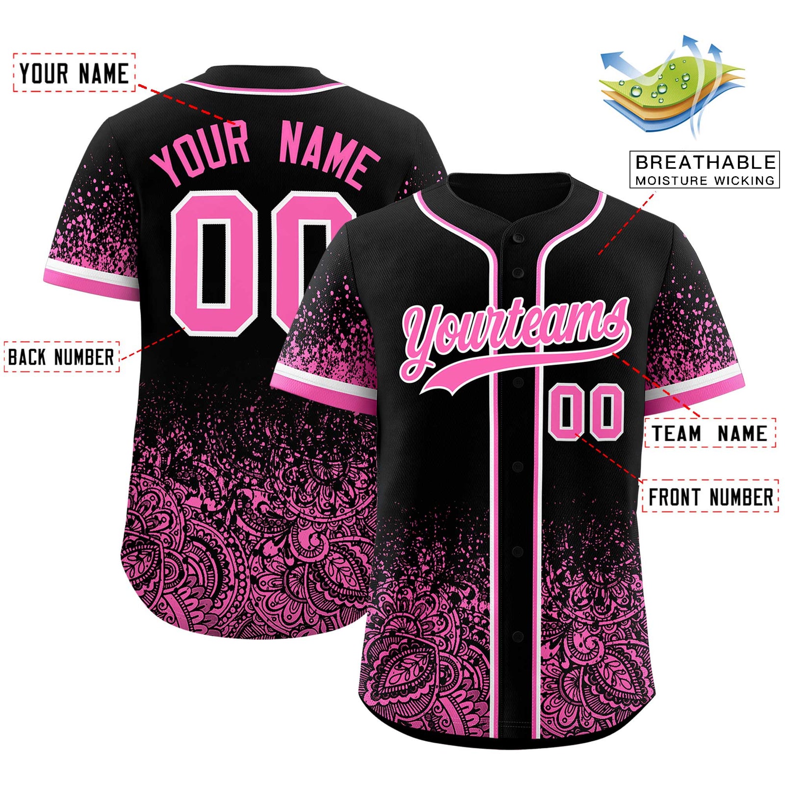 Custom Black Pink Floral Print Pattern Full Button Gradient Fashion Baseball Jersey