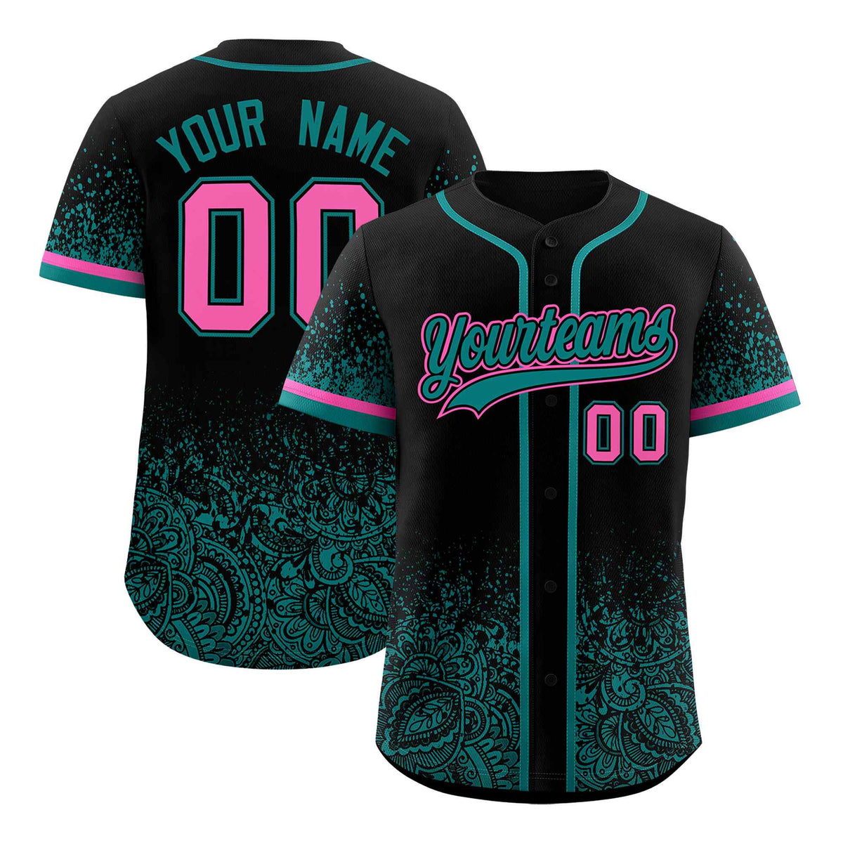 Custom Black Teal Floral Print Pattern Full Button Gradient Fashion Baseball Jersey