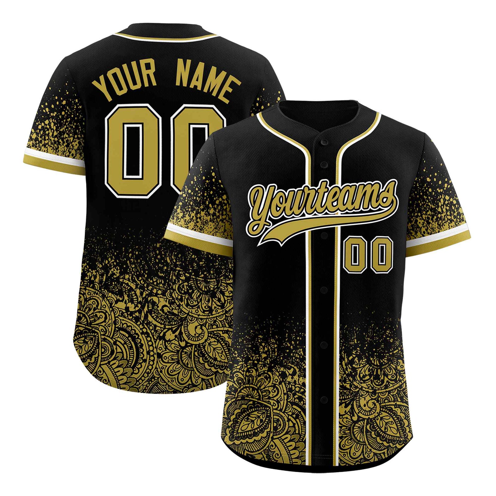 Custom Black Old Gold Floral Print Pattern Full Button Gradient Fashion Baseball Jersey