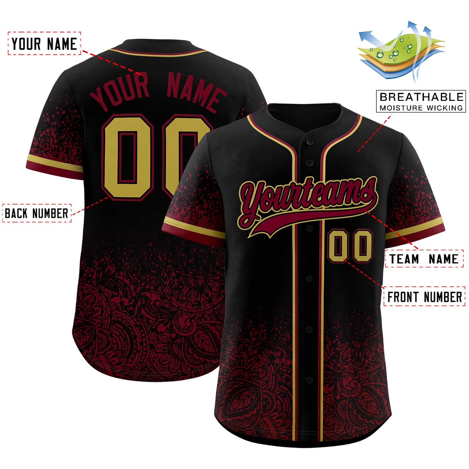 Custom Black Crimson Floral Print Pattern Full Button Gradient Fashion Baseball Jersey