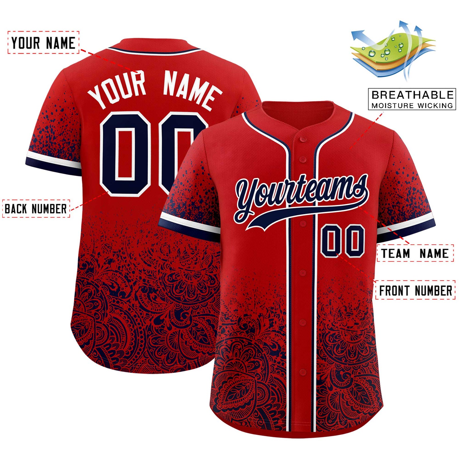 Custom Red Navy Floral Print Pattern Full Button Gradient Fashion Baseball Jersey