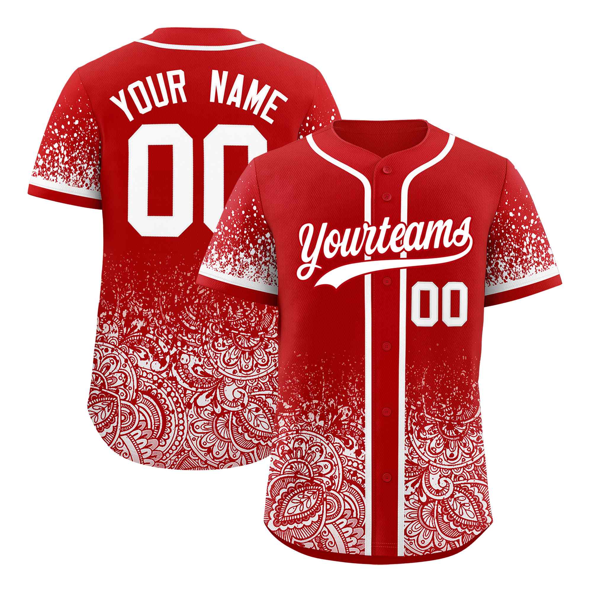 Custom Red White Floral Print Pattern Full Button Gradient Fashion Baseball Jersey