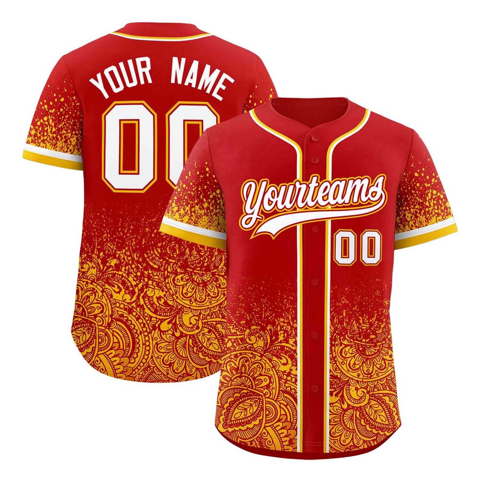 Custom Red Yellow Floral Print Pattern Full Button Gradient Fashion Baseball Jersey