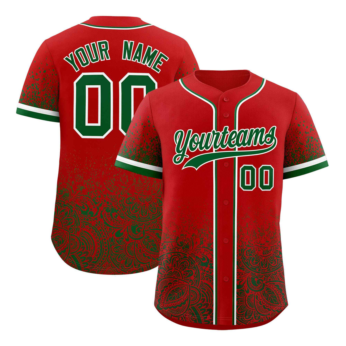 Custom Red Kelly Green Floral Print Pattern Full Button Gradient Fashion Baseball Jersey