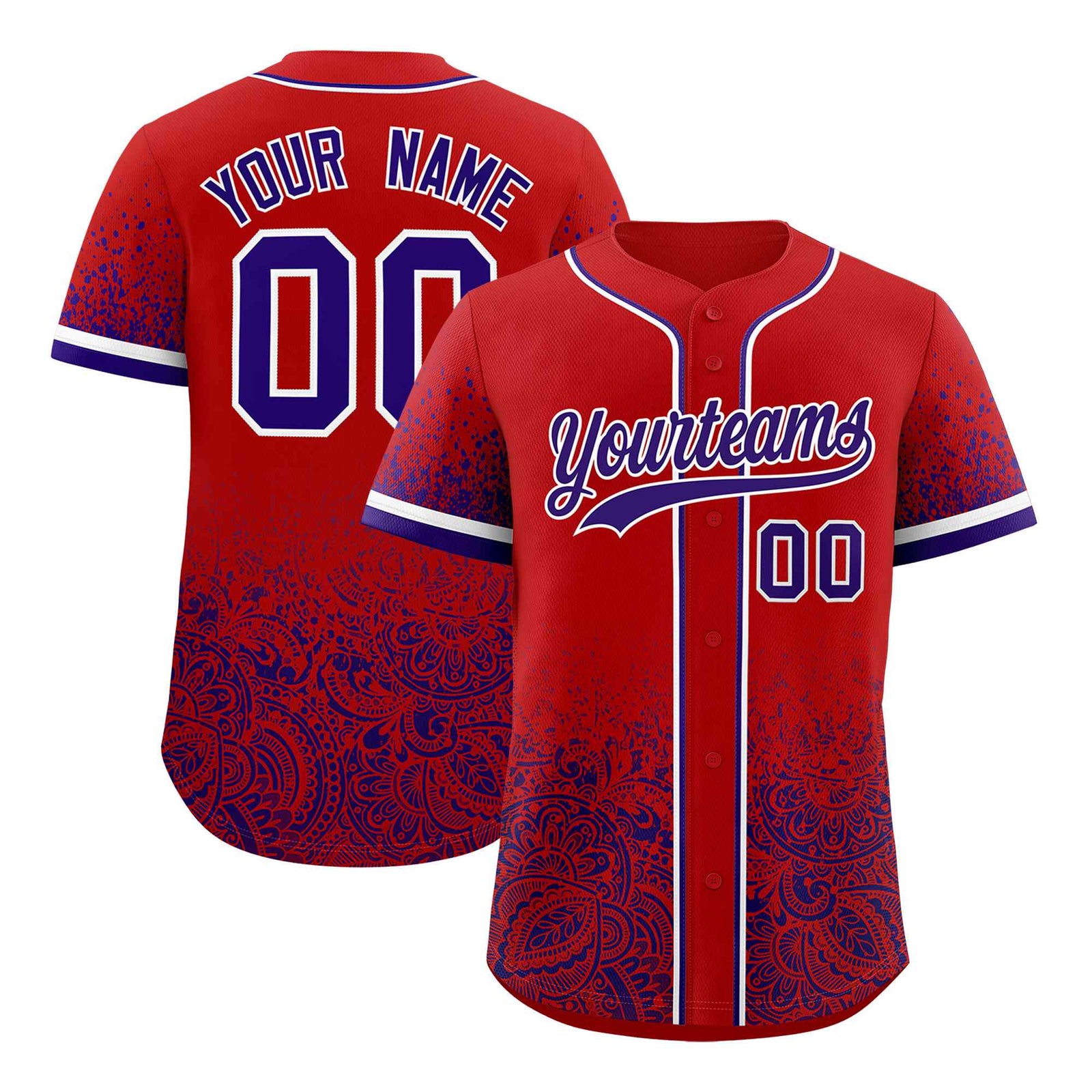 Custom Red Purple Floral Print Pattern Full Button Gradient Fashion Baseball Jersey