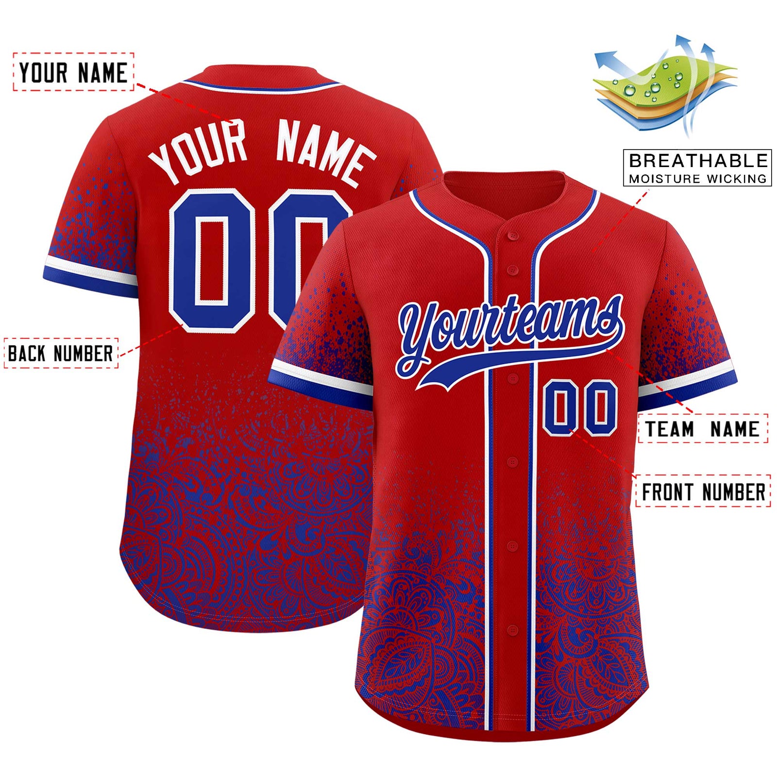 Custom Red Royal Floral Print Pattern Full Button Gradient Fashion Baseball Jersey