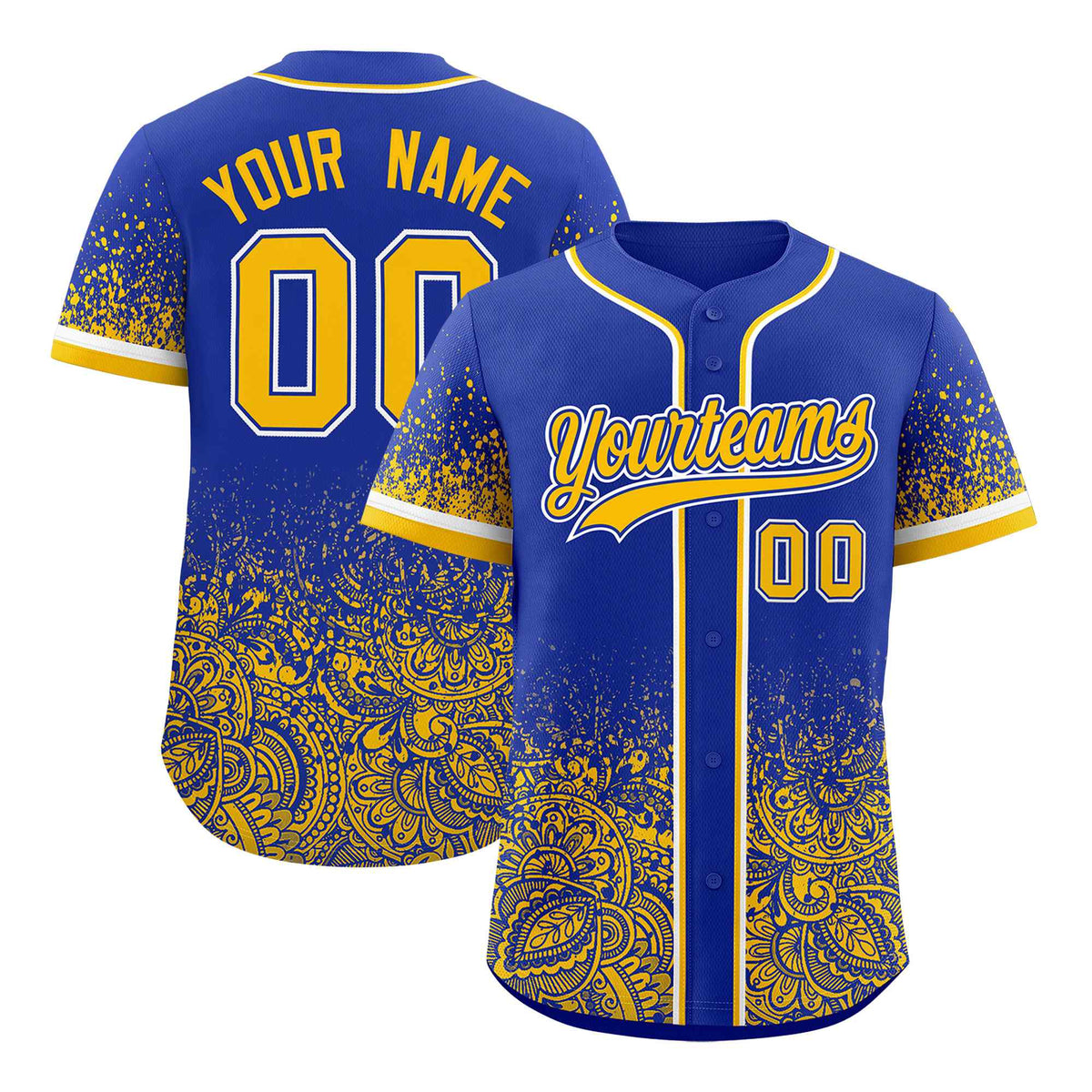 Custom Royal Yellow Floral Print Pattern Full Button Gradient Fashion Baseball Jersey