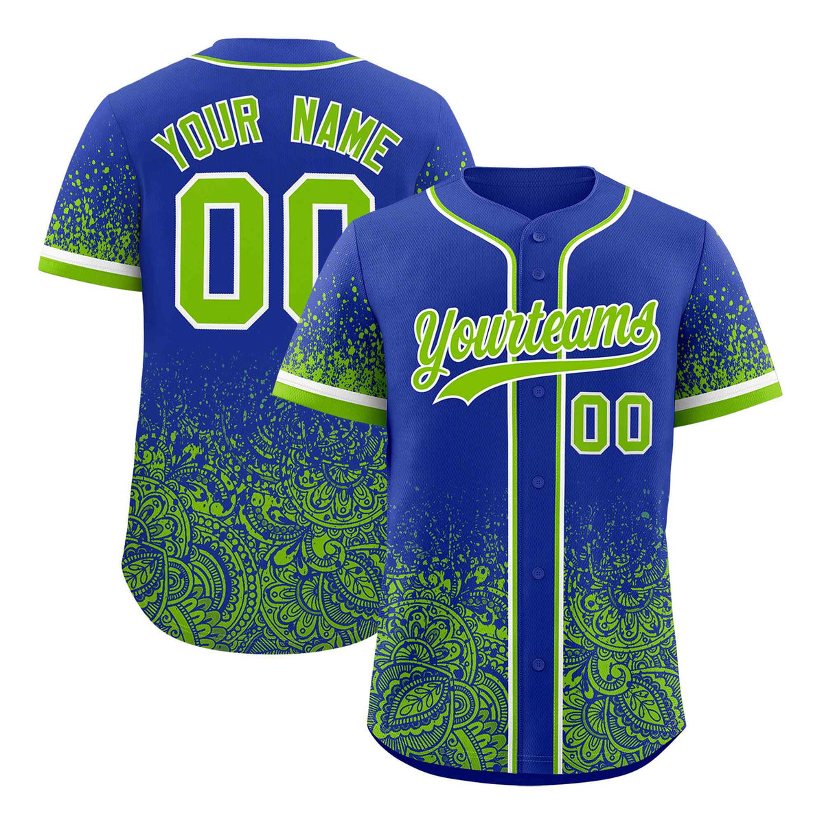 Custom Royal Neon Green Floral Print Pattern Full Button Gradient Fashion Baseball Jersey