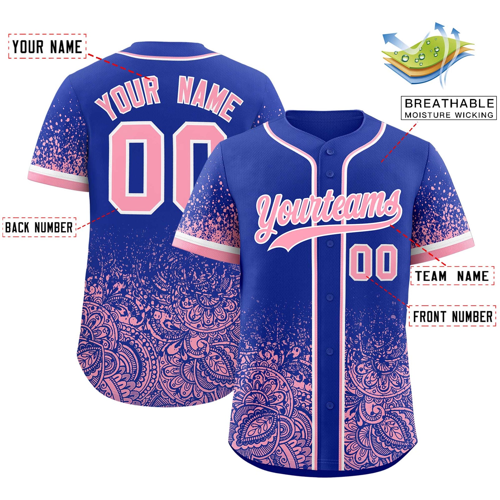 Custom Royal Light Pink Floral Print Pattern Full Button Gradient Fashion Baseball Jersey