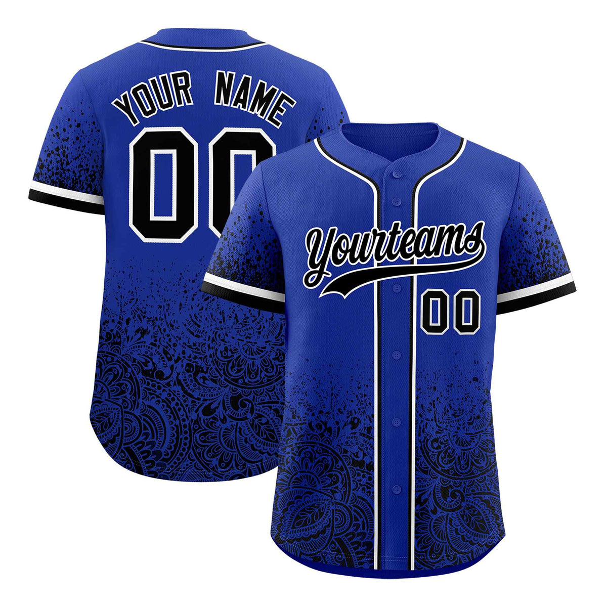 Custom Royal Black Floral Print Pattern Full Button Gradient Fashion Baseball Jersey