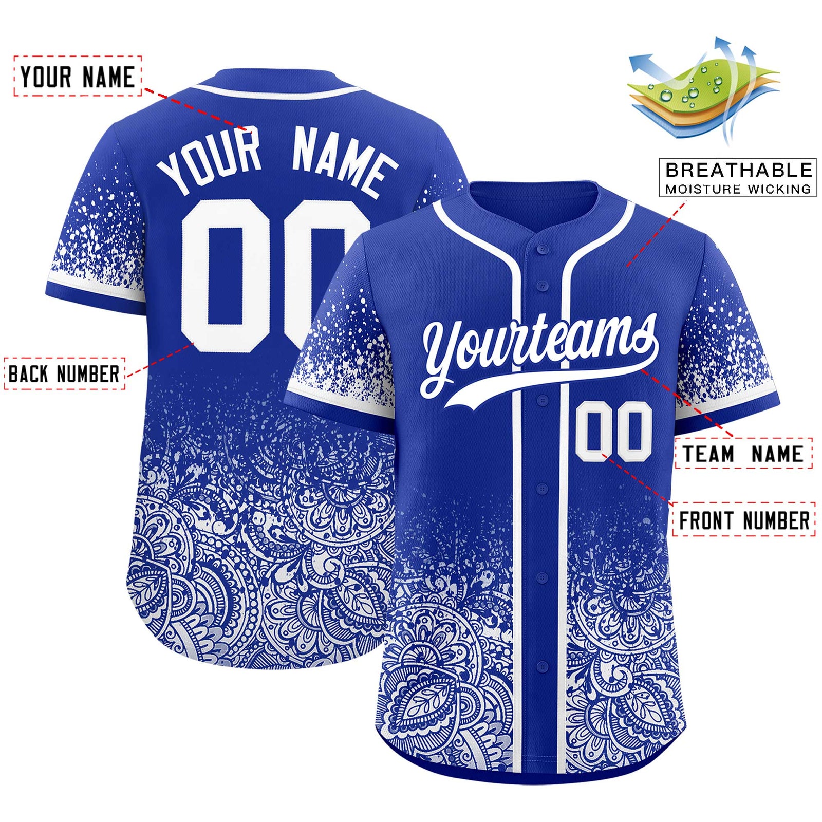 Custom Royal White Floral Print Pattern Full Button Gradient Fashion Baseball Jersey