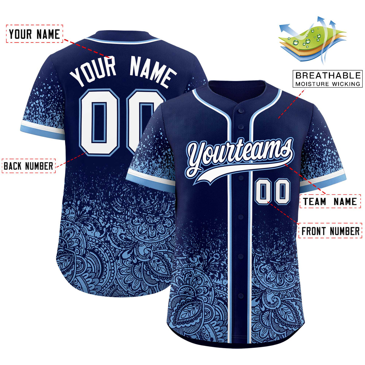 Custom Navy Powder Blue Floral Print Pattern Full Button Gradient Fashion Baseball Jersey