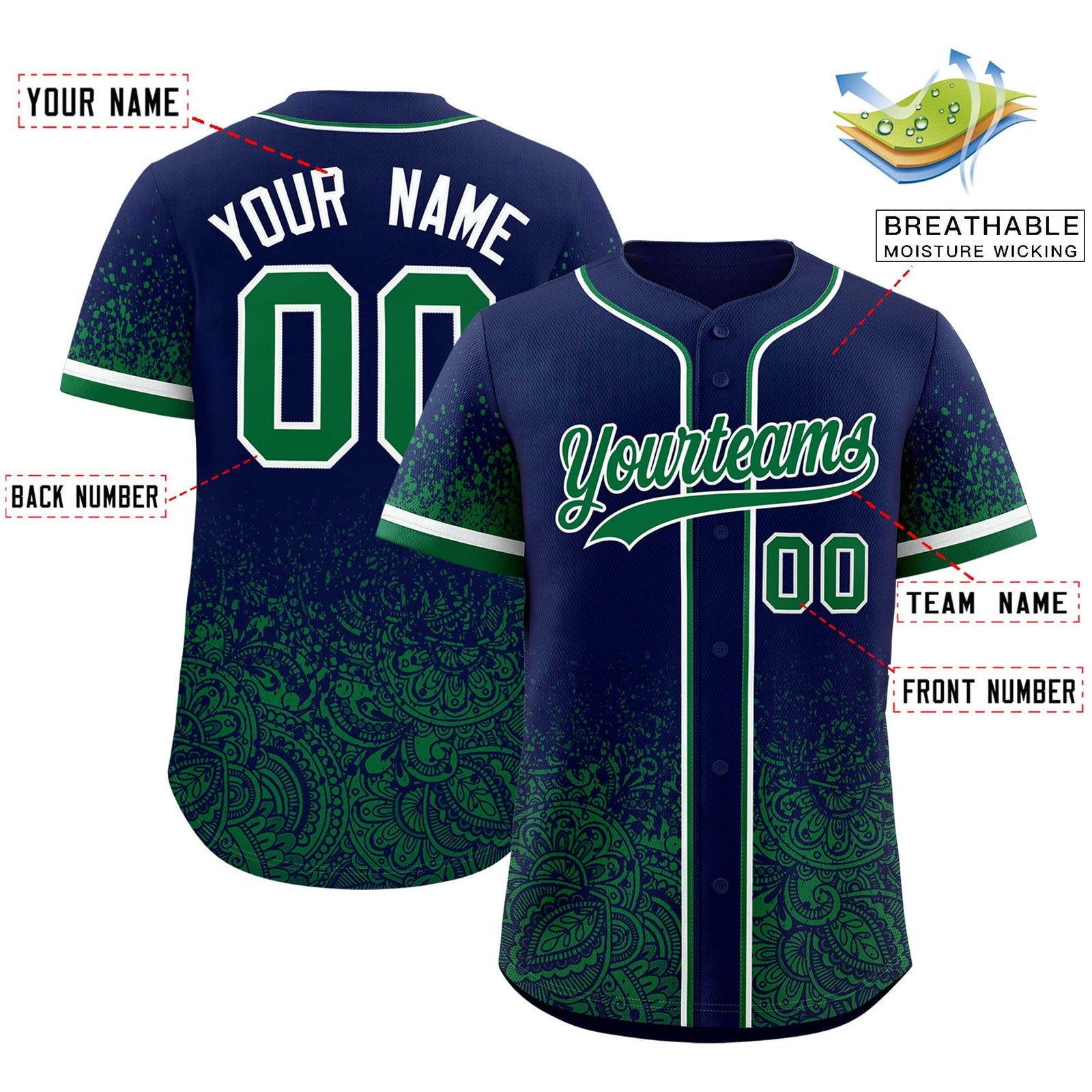 Custom Navy Kelly Green Floral Print Pattern Full Button Gradient Fashion Baseball Jersey