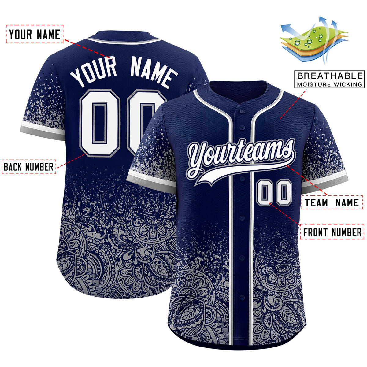 Custom Navy Gray Floral Print Pattern Full Button Gradient Fashion Baseball Jersey