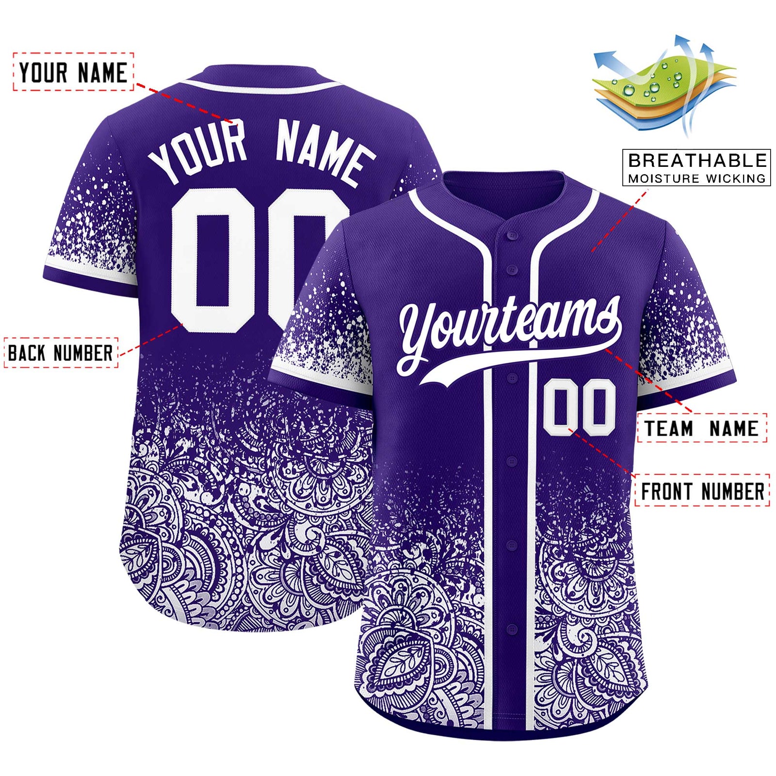 Custom Purple White Floral Print Pattern Full Button Gradient Fashion Baseball Jersey