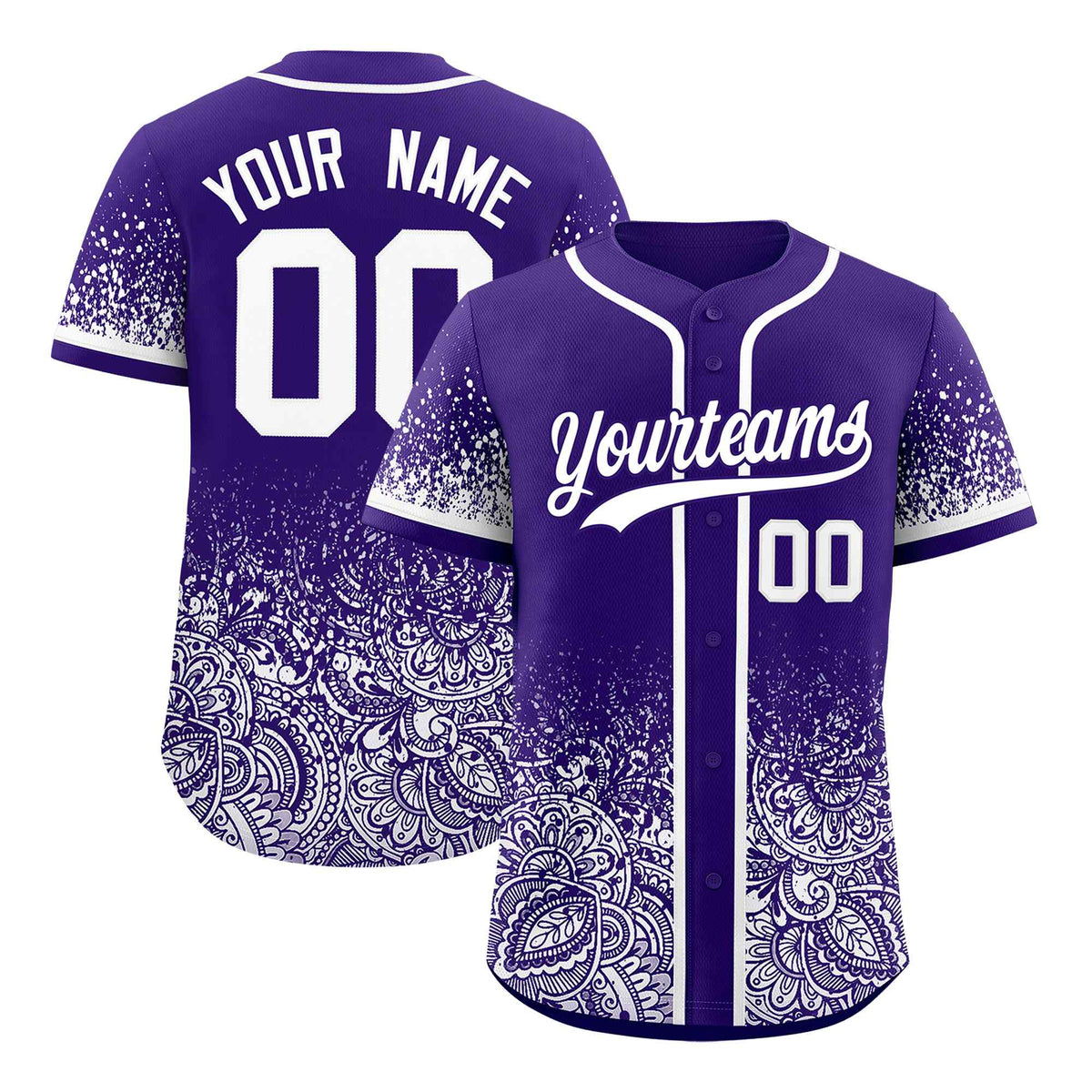 Custom Purple White Floral Print Pattern Full Button Gradient Fashion Baseball Jersey