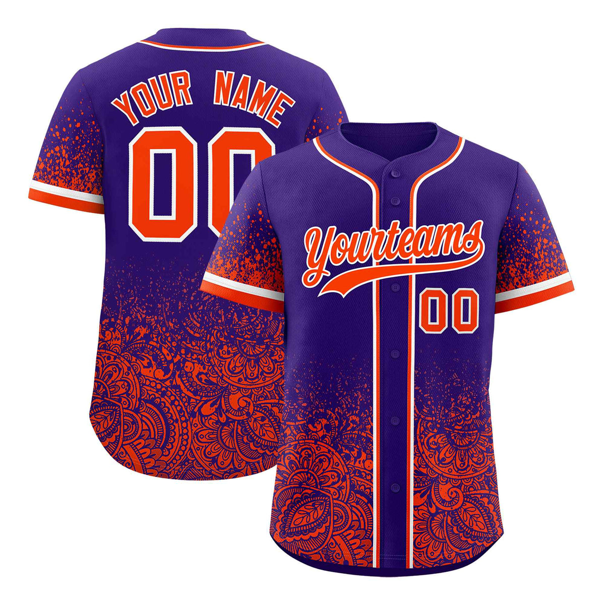 Custom Purple Orange Floral Print Pattern Full Button Gradient Fashion Baseball Jersey
