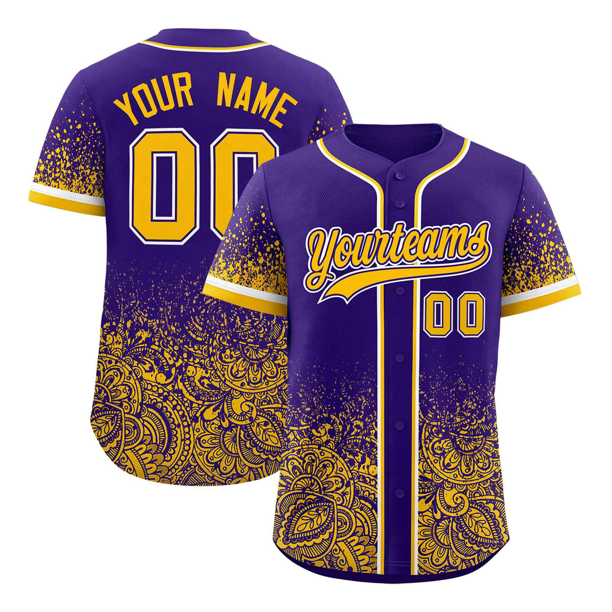 Custom Purple Yellow Floral Print Pattern Full Button Gradient Fashion Baseball Jersey