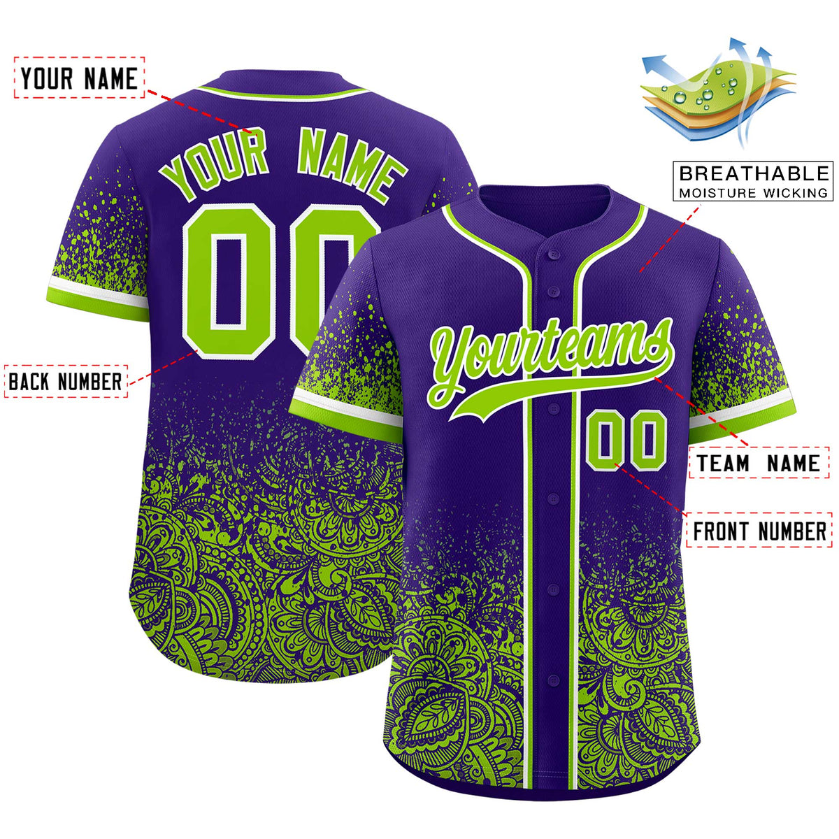 Custom Purple Neon Green Floral Print Pattern Full Button Gradient Fashion Baseball Jersey