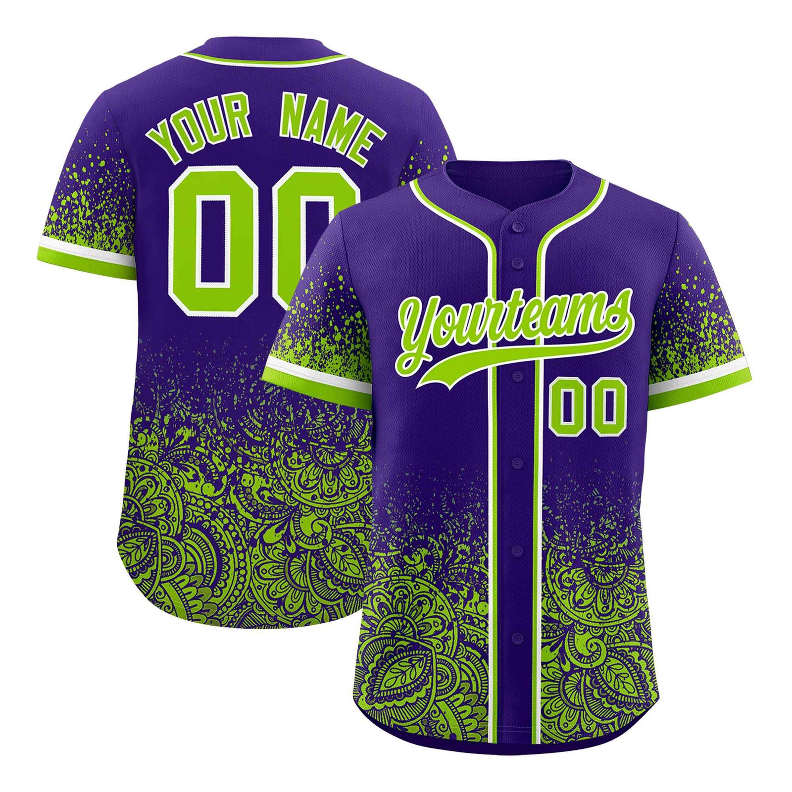 Custom Purple Neon Green Floral Print Pattern Full Button Gradient Fashion Baseball Jersey
