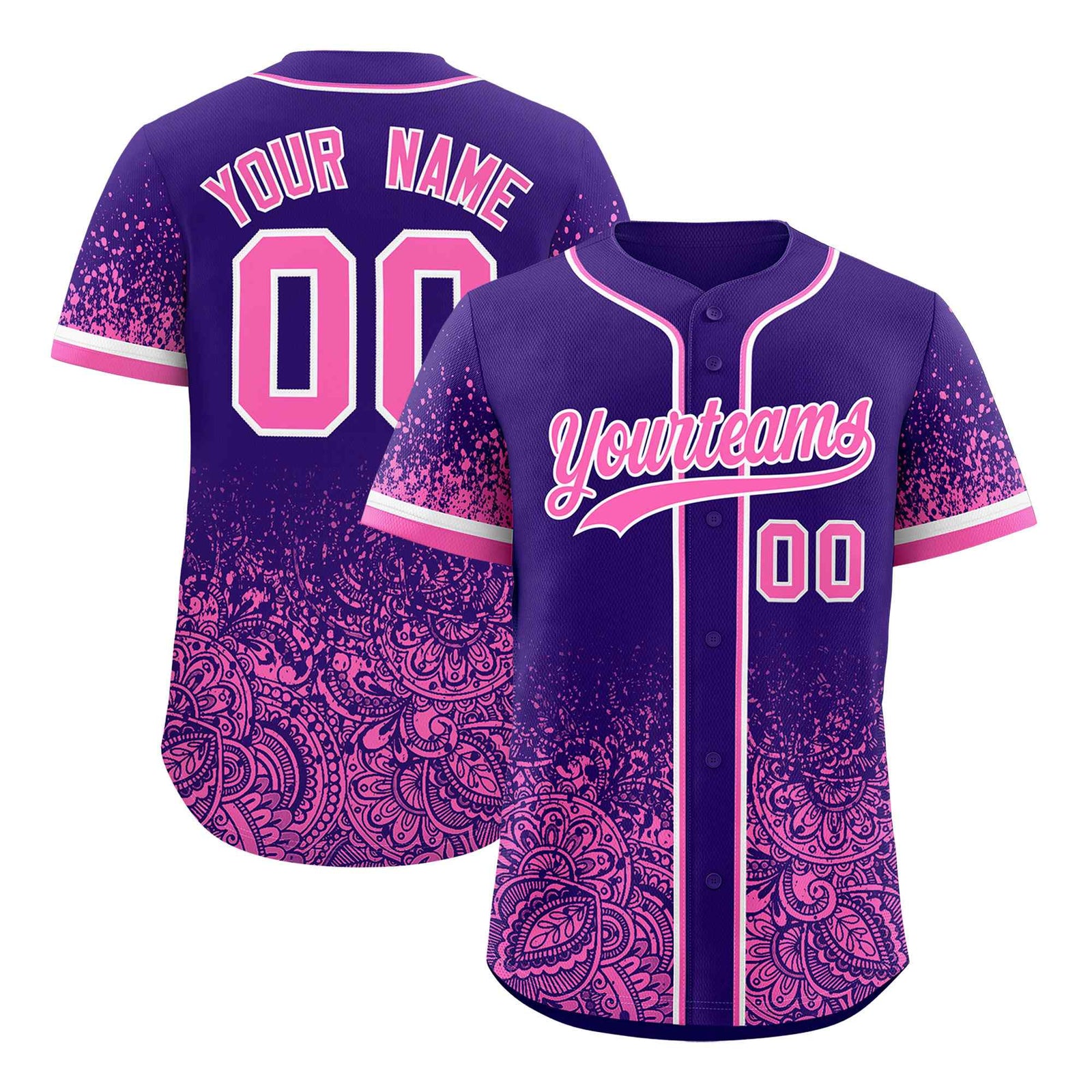 Custom Purple Pink Floral Print Pattern Full Button Gradient Fashion Baseball Jersey
