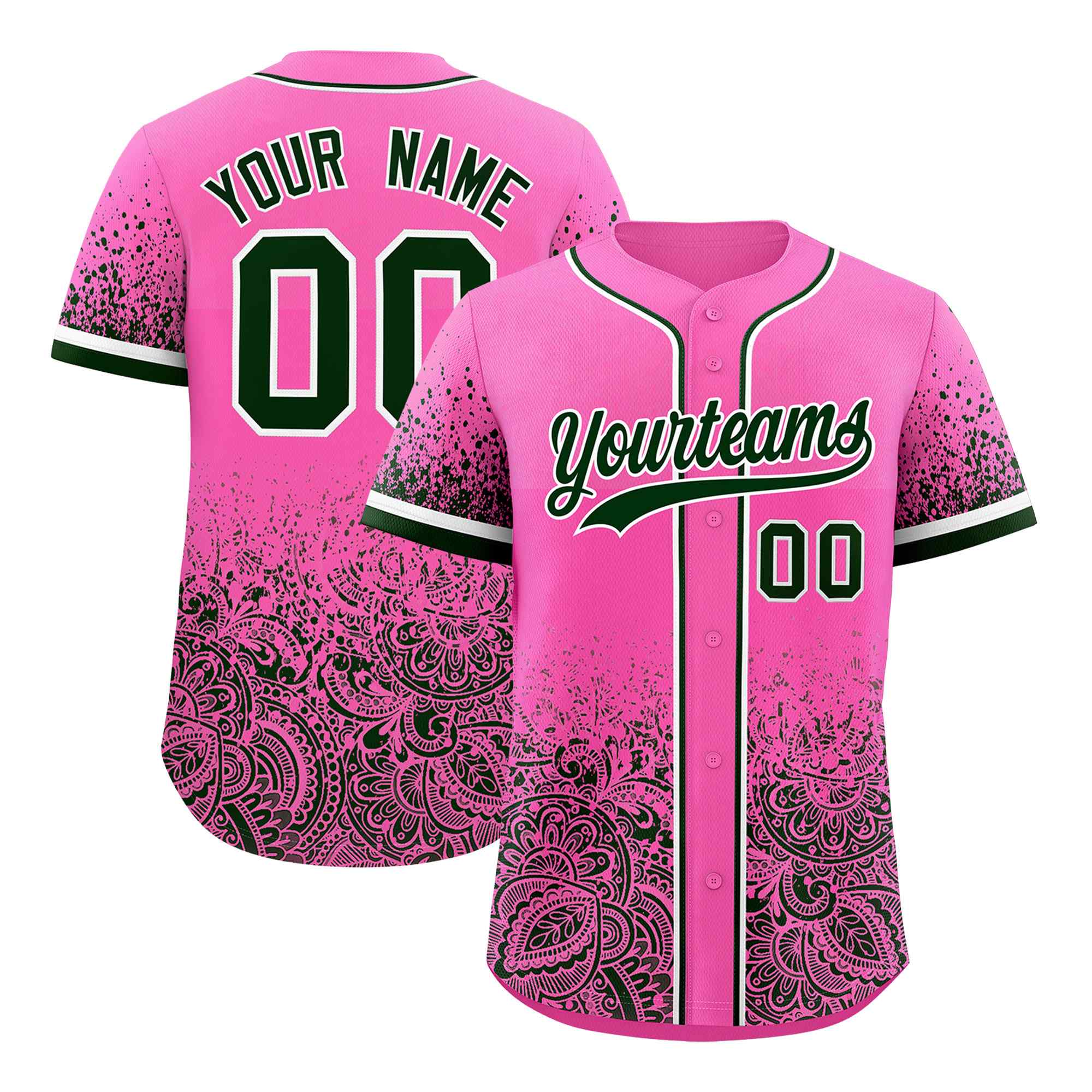 Custom Pink Green Floral Print Pattern Full Button Gradient Fashion Baseball Jersey
