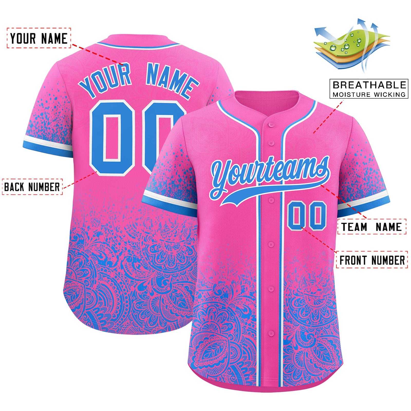 Custom Pink Light Blue Floral Print Pattern Full Button Gradient Fashion Baseball Jersey
