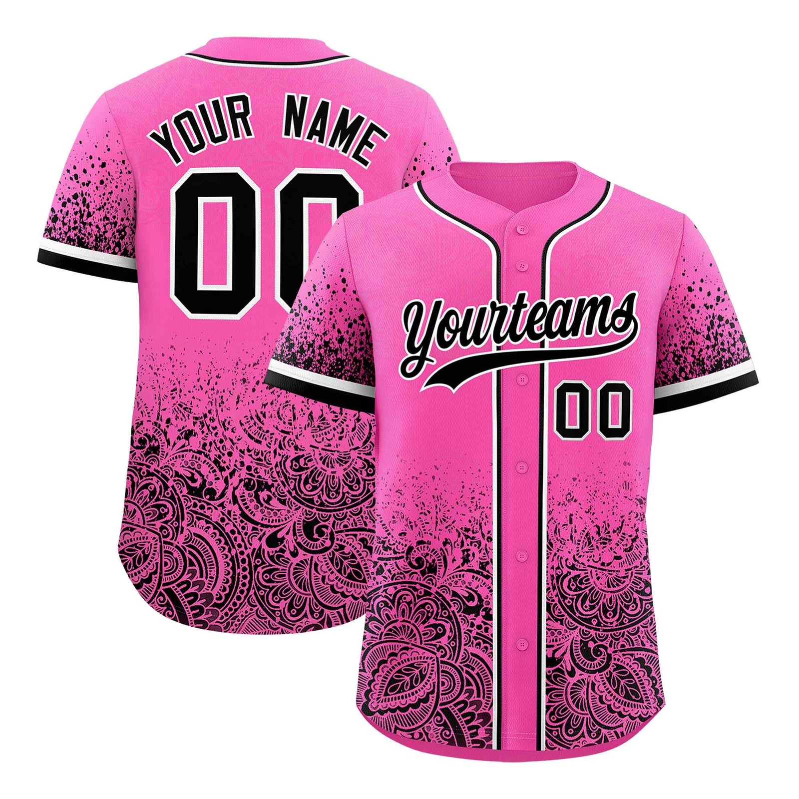 Custom Pink Black Floral Print Pattern Full Button Gradient Fashion Baseball Jersey