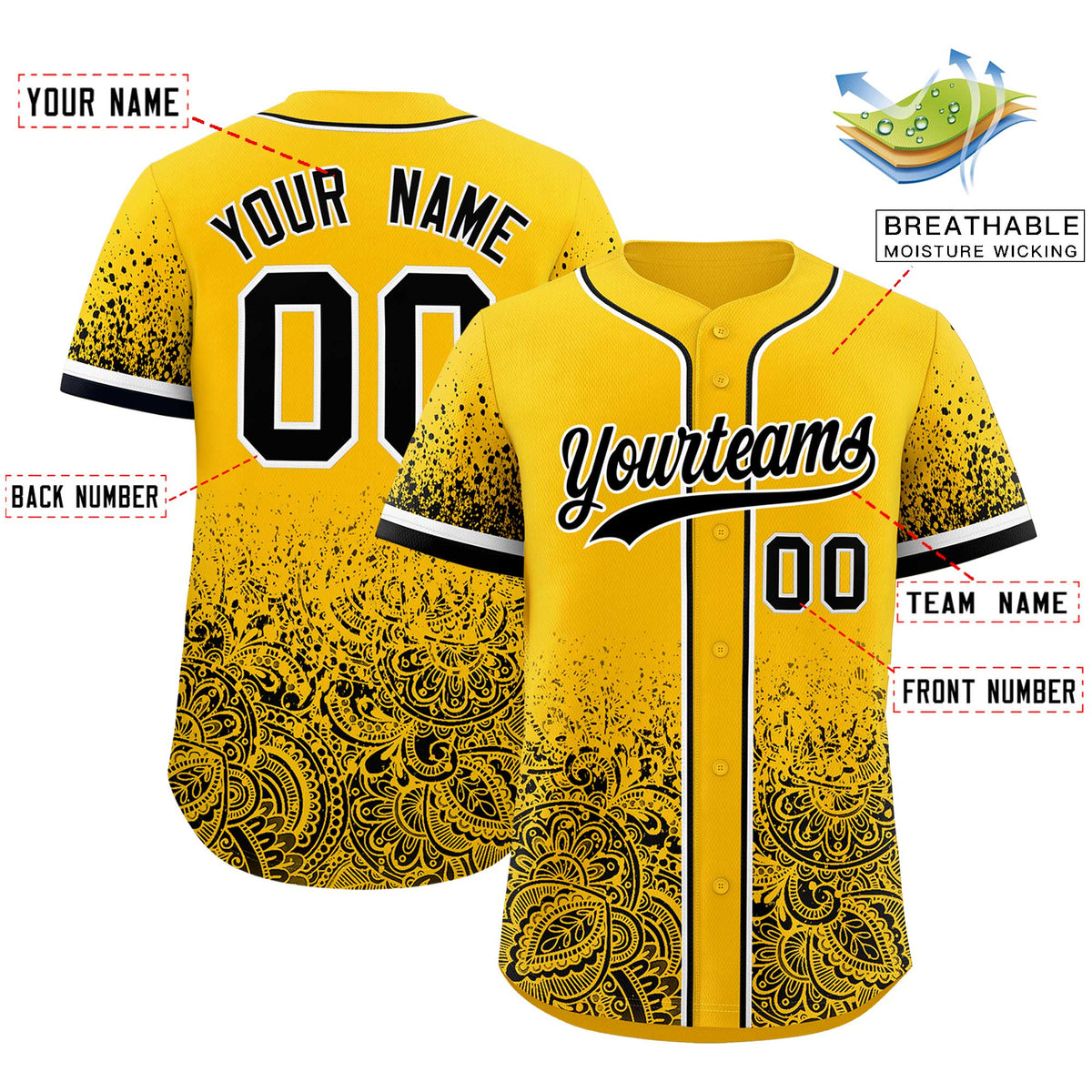 Custom Yellow Black Floral Print Pattern Full Button Gradient Fashion Baseball Jersey