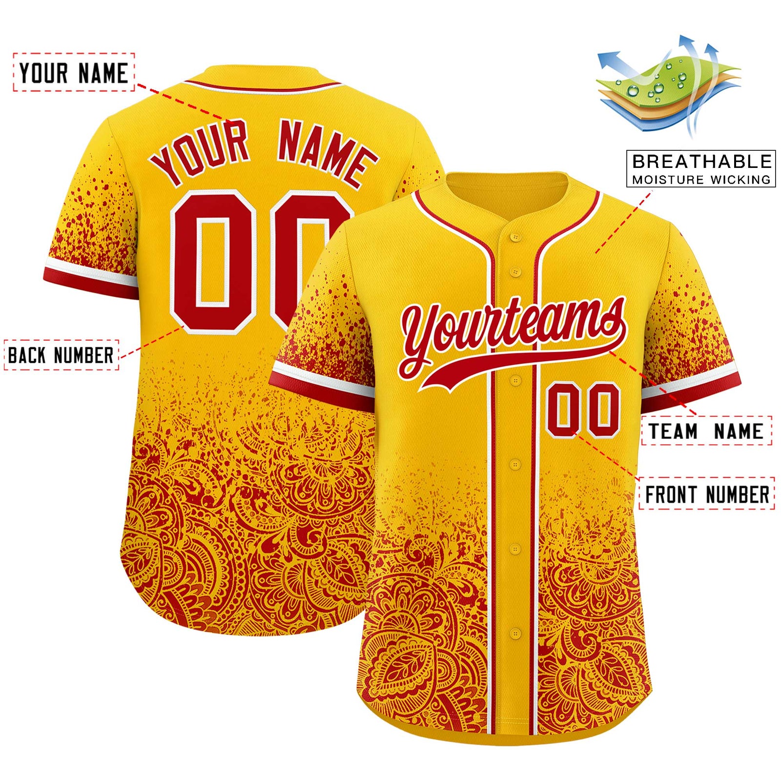 Custom Yellow Red Floral Print Pattern Full Button Gradient Fashion Baseball Jersey