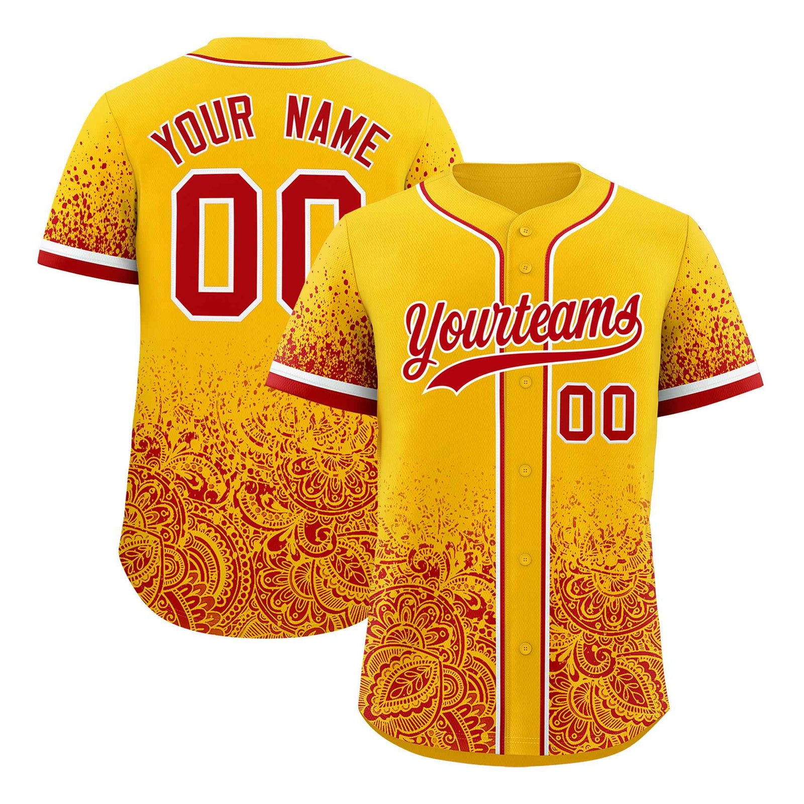 Custom Yellow Red Floral Print Pattern Full Button Gradient Fashion Baseball Jersey