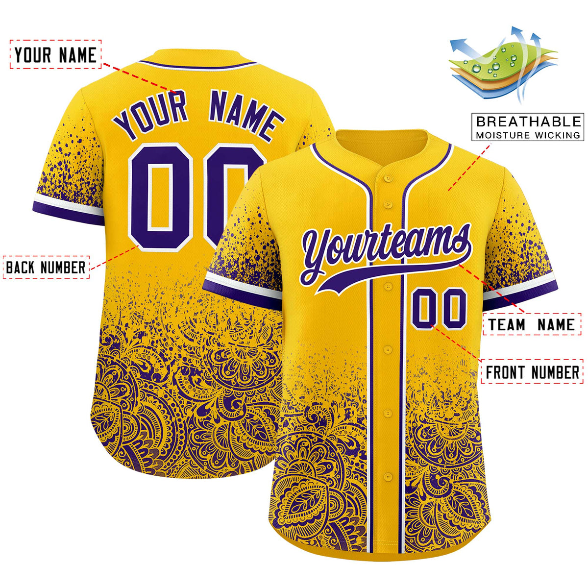 Custom Yellow Purple Floral Print Pattern Full Button Gradient Fashion Baseball Jersey